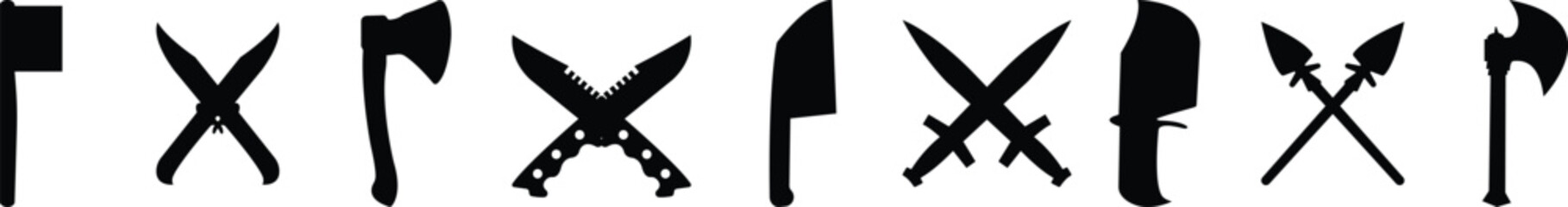 Weapon Icon Set, Axe, Knife, Scissor, Cleaver, Dagger, and Sword Symbol Collection and Group, Sharp Tool, Blade, and Cutting Equipment Vector in Black Color Flat Style
