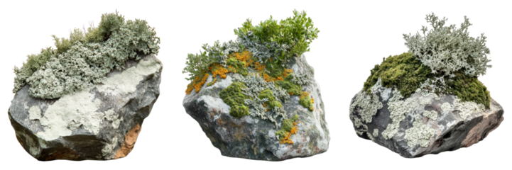 A collection of three unique rocks, each adorned with vibrant vegetation