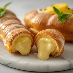 Delicious éclairs filled with creamy pineapple custard, topped with glaze and mint leaves, presented on a marble surface for a fresh tropical dessert look.