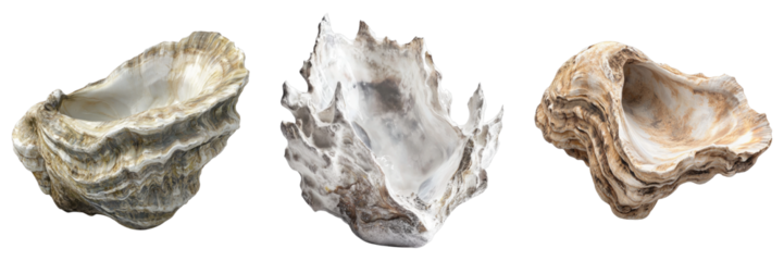 Three beautiful oyster shells are displayed. Each shell has a unique shape and texture. The shells showcase a range of colors, from light beige to a more rugged, textured appearance.