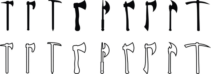 Weapon Icon Set, Axe, Knife, Scissor, Cleaver, Dagger, and Sword Symbol Collection and Group, Sharp Tool, Blade, and Cutting Equipment Vector in Black Color Flat and Line Style