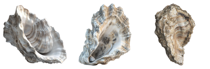 Three exquisite oyster shells, showcasing their unique textures and shapes