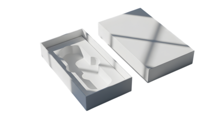 An open white box with a molded insert, showing its interior