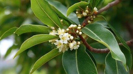 Obraz premium Detailed View of Cinnamomum Camphor Blossoms Surrounded by Lush Green Leaves in Southern Arboretum, Sochi
