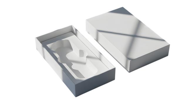 An open white box with a molded insert, showing its interior