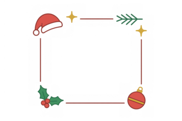 Christmas border illustration featuring santa hat, holly, ornament, pine branch, and golden stars on transparent background