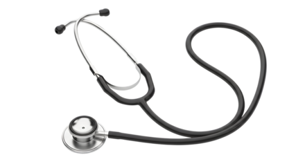 A black medical stethoscope with a coiled tube, isolated on a transparent background
