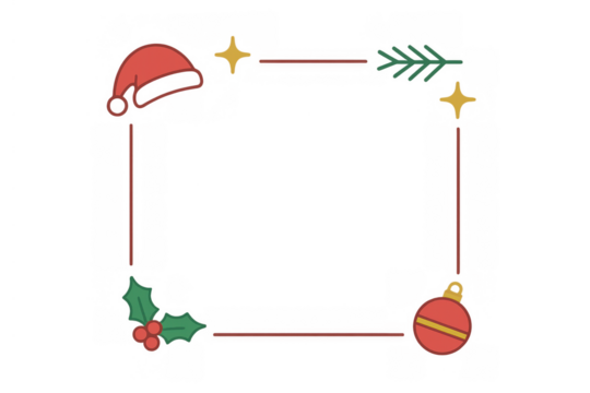 Christmas border illustration featuring santa hat, holly, ornament, pine branch, and golden stars on transparent background - Powered by Adobe