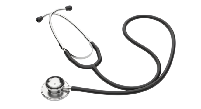 A black medical stethoscope with a coiled tube, isolated on a transparent background