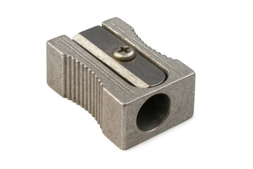 Metal pencil sharpener with sharp blade on transparent background