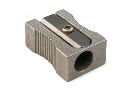 Metal pencil sharpener with sharp blade on transparent background