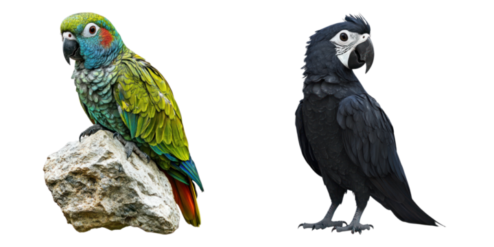 Two vibrant parrots perched, showcasing their unique plumage and captivating presence. One sits on a rock, while the other stands proudly