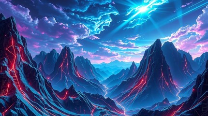 Futuristic mountain range glows with neon lights under a vibrant blue sky view