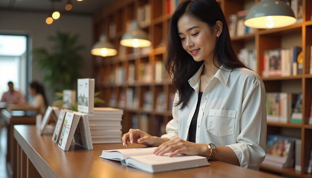 Woman reading book in library with shelves of books, in academic environment. Enjoying her reading, student reads in library for study and learning in a quiet place. - Powered by Adobe