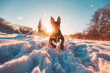 A joyful dog playfully bounds through a sunlit, snowy field, capturing the essence of winter fun and companionship in a vibrant scene filled with energy and happiness for animal lovers.
