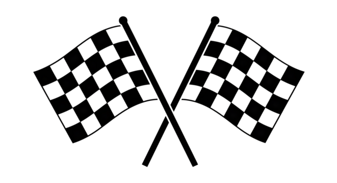 Two checkered racing flags crossed, isolated on a transparent background