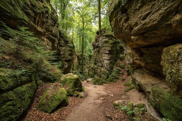 Obraz premium Bizarre Landscapes of Mullerthal Trail: Skirted Sandstone Gorges in Petit Luxembourg, Europeâ€™s Hiking Gem