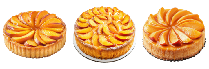 Deliciously baked peach tarts in a row, featuring golden pastry crusts and artfully arranged peach slices. Their tempting appearance promises a delightful treat