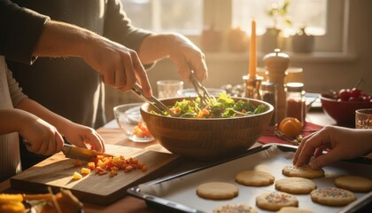Family preparing a salad and baking cookies together in a cozy kitchen

