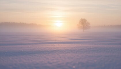 Lonely tree on a snowy field during sunrise with soft pastel colors
