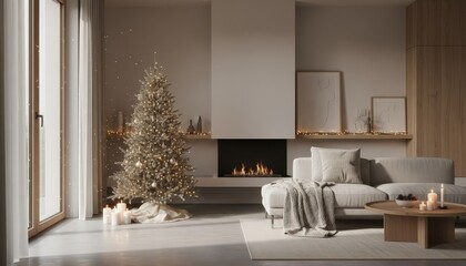 Modern minimalist living room with Christmas tree and cozy fireplace ambiance
