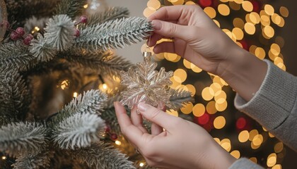 Person hanging a beautiful snowflake ornament on Christmas tree with glowing lights
