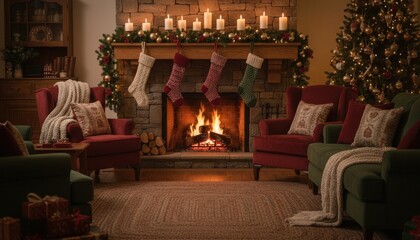 Warm Christmas living room with cozy seating, fireplace, stockings, and festive decorations
