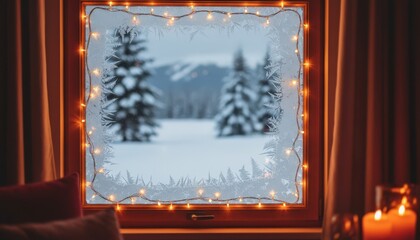 Snowy winter landscape view through decorated window with warm lights and cozy ambiance
