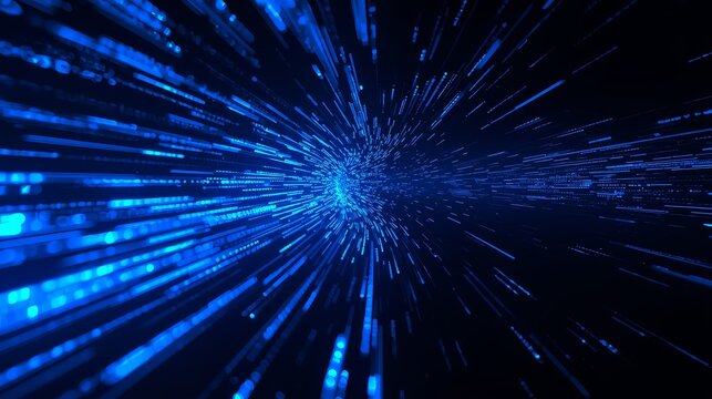 Abstract blue light trails in a dark space, data transmission concept