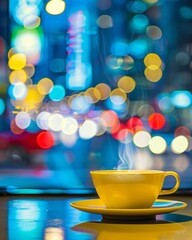 A vibrant yellow coffee cup emanates steam, set in a bustling city background, showcasing the blend of warmth and urban life in a cozy café atmosphere.