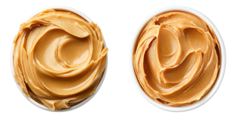 Peanut butter in two bowls, top view, healthy breakfast, food