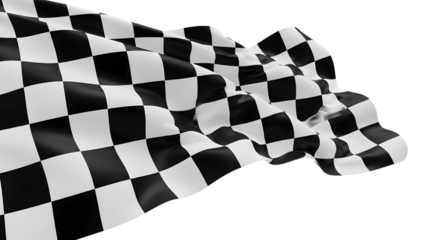 A black and white checkered racing flag waving on a transparent background, symbolizing victory and the end of a competition