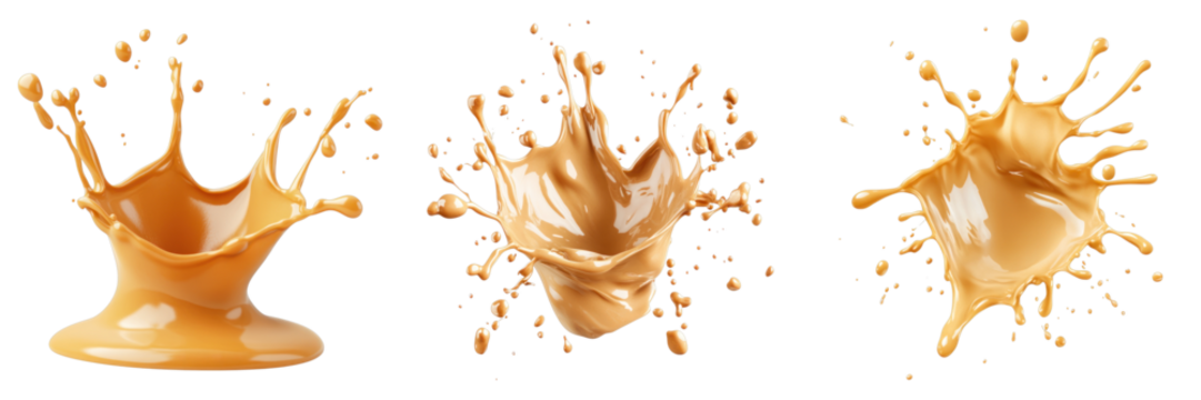 A set of caramel splashes, creating dynamic shapes with a smooth texture. The droplets exhibit intricate details