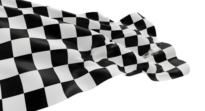 A black and white checkered racing flag waving on a transparent background, symbolizing victory and the end of a competition