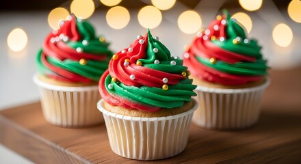 Festive Christmas Cupcakes with Red and Green Frosting and Colourful Sprinkles