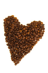 A heart of roasted coffee beans on a white background. A symbol of love for coffee, energy and vigor.
