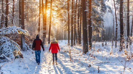 Two individuals walk hand-in-hand through a snowy path in the woods at sunrise, showcasing the beauty of winter while experiencing a peaceful, intimate moment together.