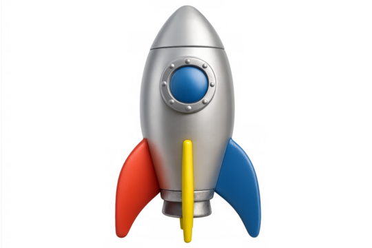Silver cartoon rocket flying up on transparent background