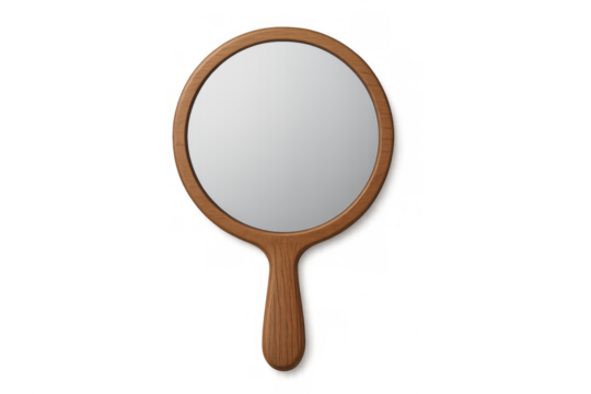 Wood hand mirror reflecting light on transparent background