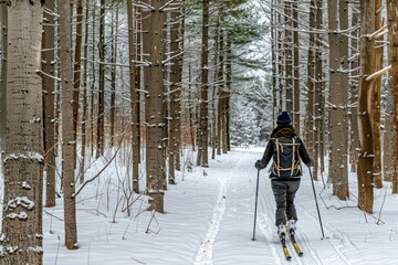 A lone skier gliding through a pristine, snow-covered forest path, showcasing the beauty of winter and the tranquility found in nature's embrace during outdoor sports activities.