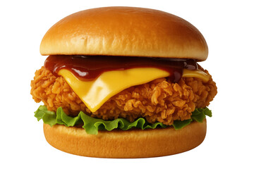 Crispy fried chicken sandwich with melted cheddar cheese, bbq sauce, and lettuce on a bun, transparent background
