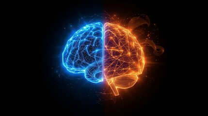 Glowing digital brain with blue and orange hemispheres on black background
