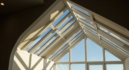 Interior view of a window structure flooded by soft, intense morning sunlight creating a brilliant, optimistic, and airy atmosphere, wall, soft, golden