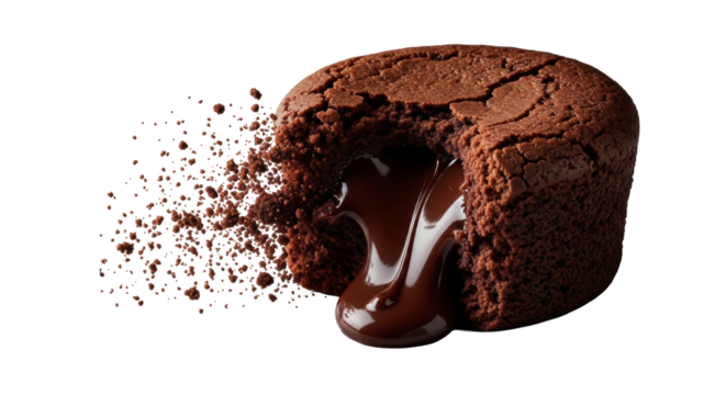 A single gourmet dark chocolate fudge brownie, mid-tear with cracked crust, revealing luxuriantly oozing molten ganache and suspended crumbs on transparent, dramatic high-contrast lighting, concept of