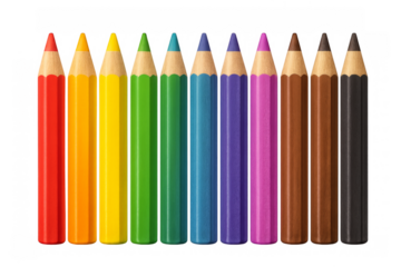 Row of colorful pencils creating rainbow spectrum on transparent background