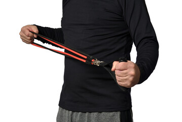 Elastic knee brace for physical training, crossfit, physiotherapy, body health, exercise, pilates, yoga and bodybuilding isolated on white background.