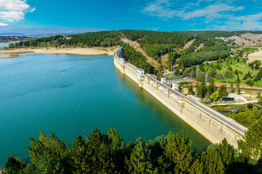 Aguilar de Campoo reservoir, in the region of Monta&ntilde;a Palentina in the province of Palencia, autonomous community of Castilla y Le&oacute;n, Spain. It was built in 1963. Aguilar de Campoo reservoir