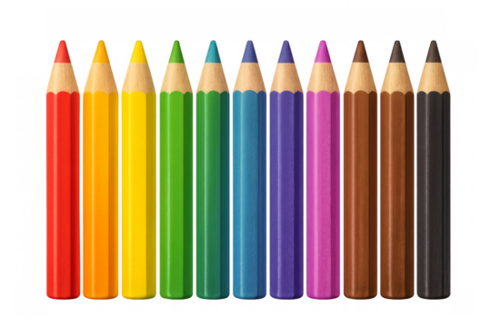 Row of colorful pencils creating rainbow spectrum on transparent background