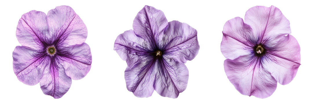 Three vibrant petunia flowers blossom in a row, revealing intricate details of each petal 