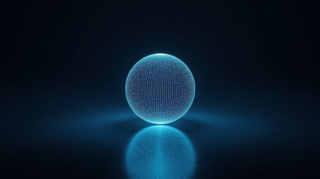 Glowing sphere with reflection on the ground against dark background